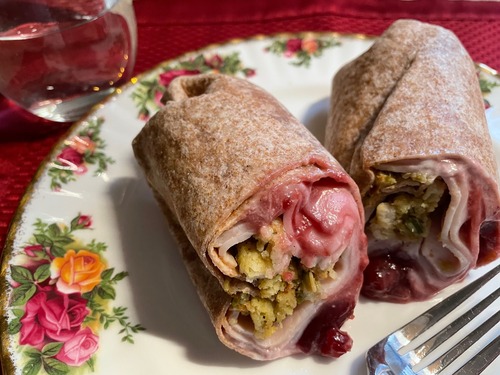 Thanksgiving turkey wrap on floral plate